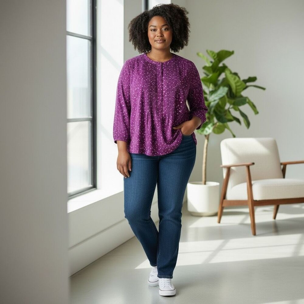 Woman Within Purple Printed Pleated Button Front Blouse Plus Size 3X(30/32)